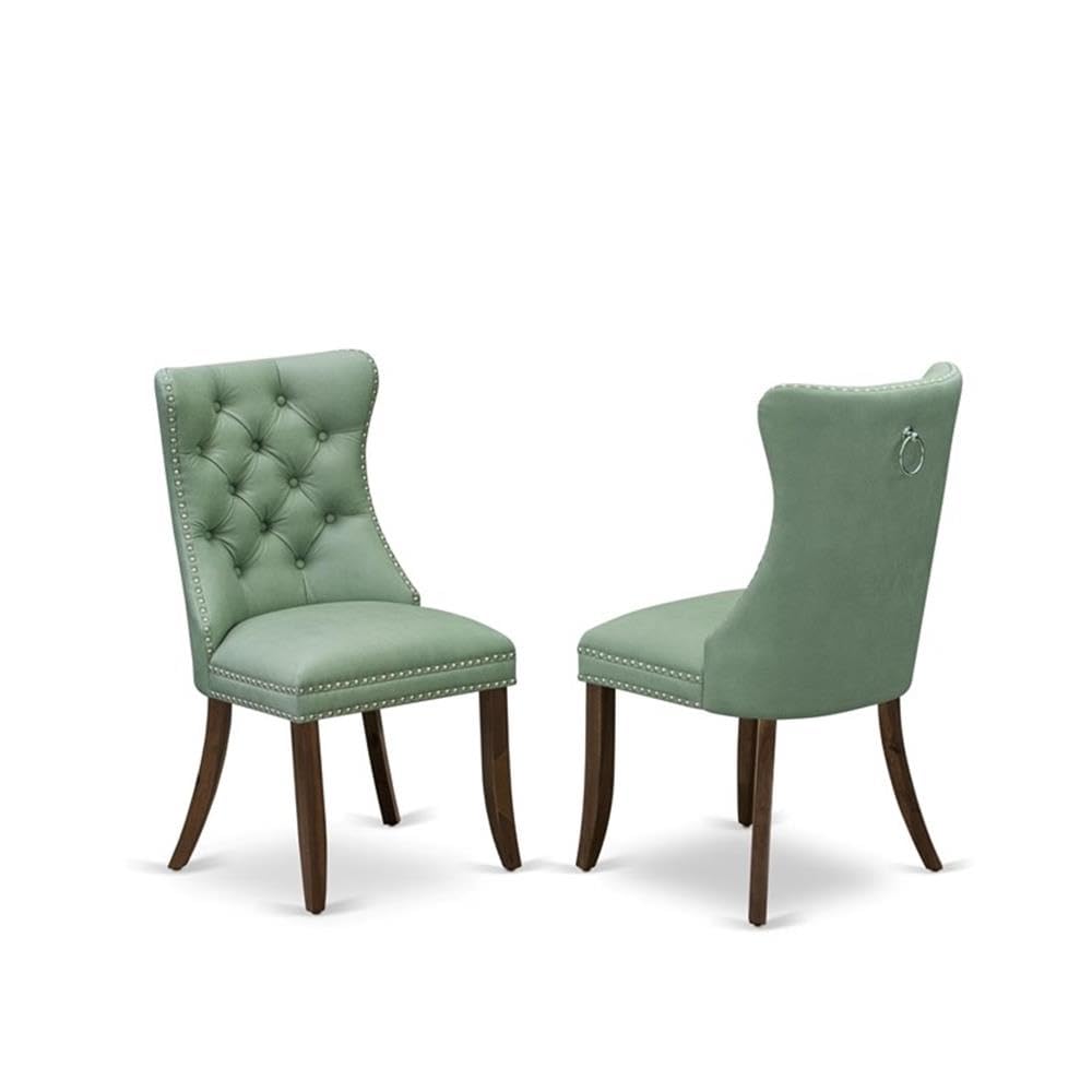 9-Piece Walnut Finish Acacia Wood Dining Room Set with Willow Green Faux Leather Upholstered Chairs X9716