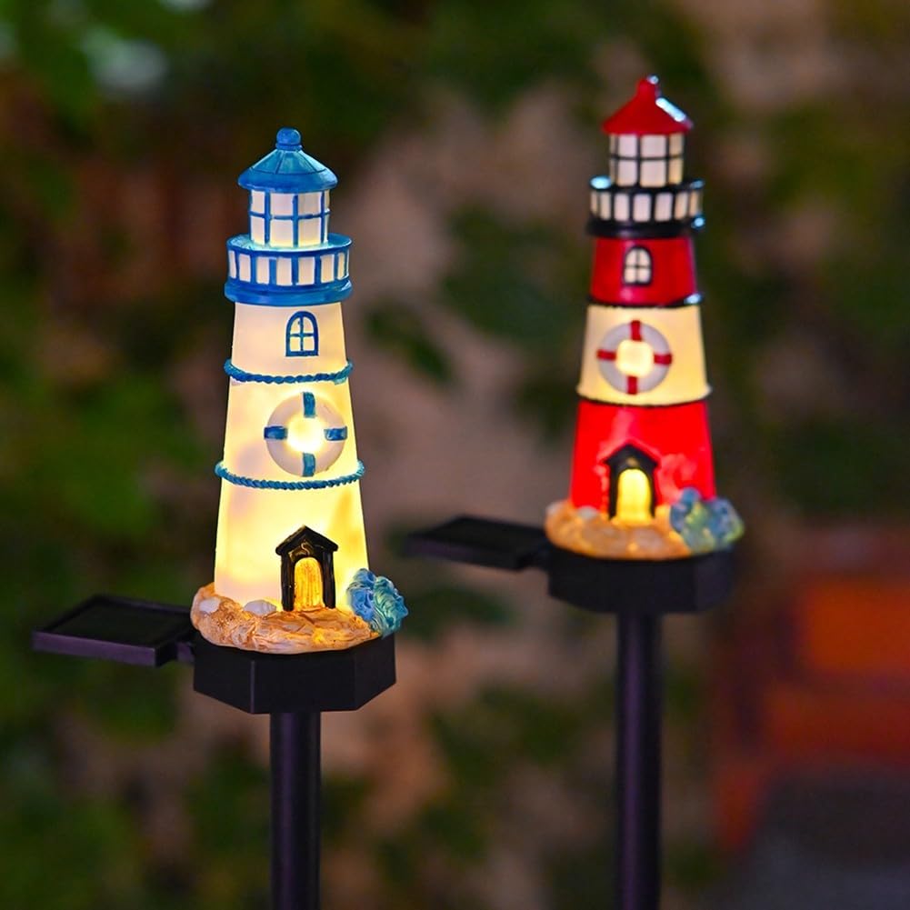 Solar Powered LED Lighthouse Light Outdoor Garden Waterproof Resin Automatic Sensor R22333