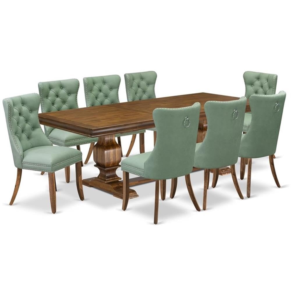 9-Piece Walnut Finish Acacia Wood Dining Room Set with Willow Green Faux Leather Upholstered Chairs X9716
