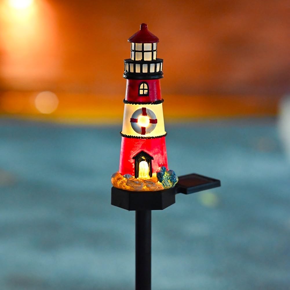 Solar Powered LED Lighthouse Light Outdoor Garden Waterproof Resin Automatic Sensor R22333