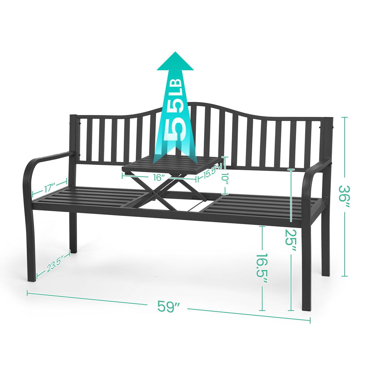59" Gray Metal Outdoor Bench with Built in Table R59680