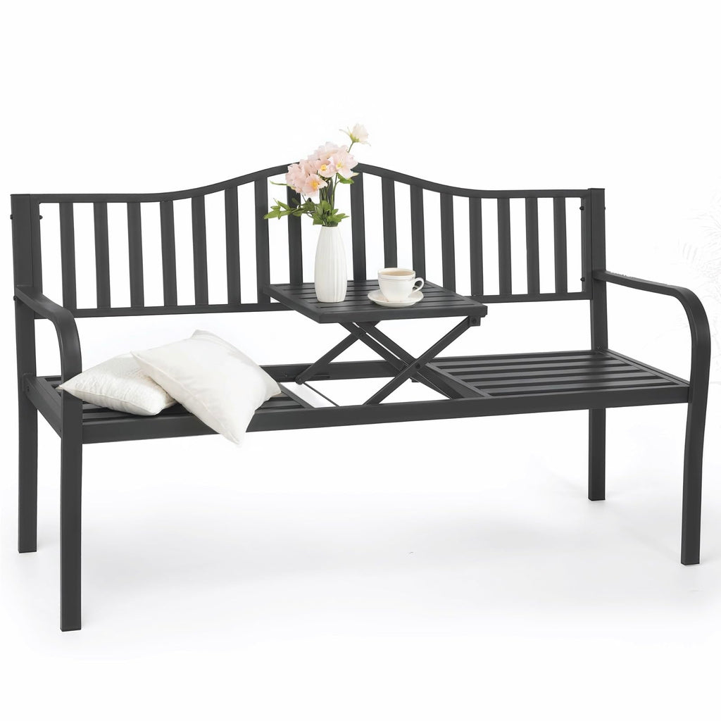 59" Gray Metal Outdoor Bench with Built in Table R59680