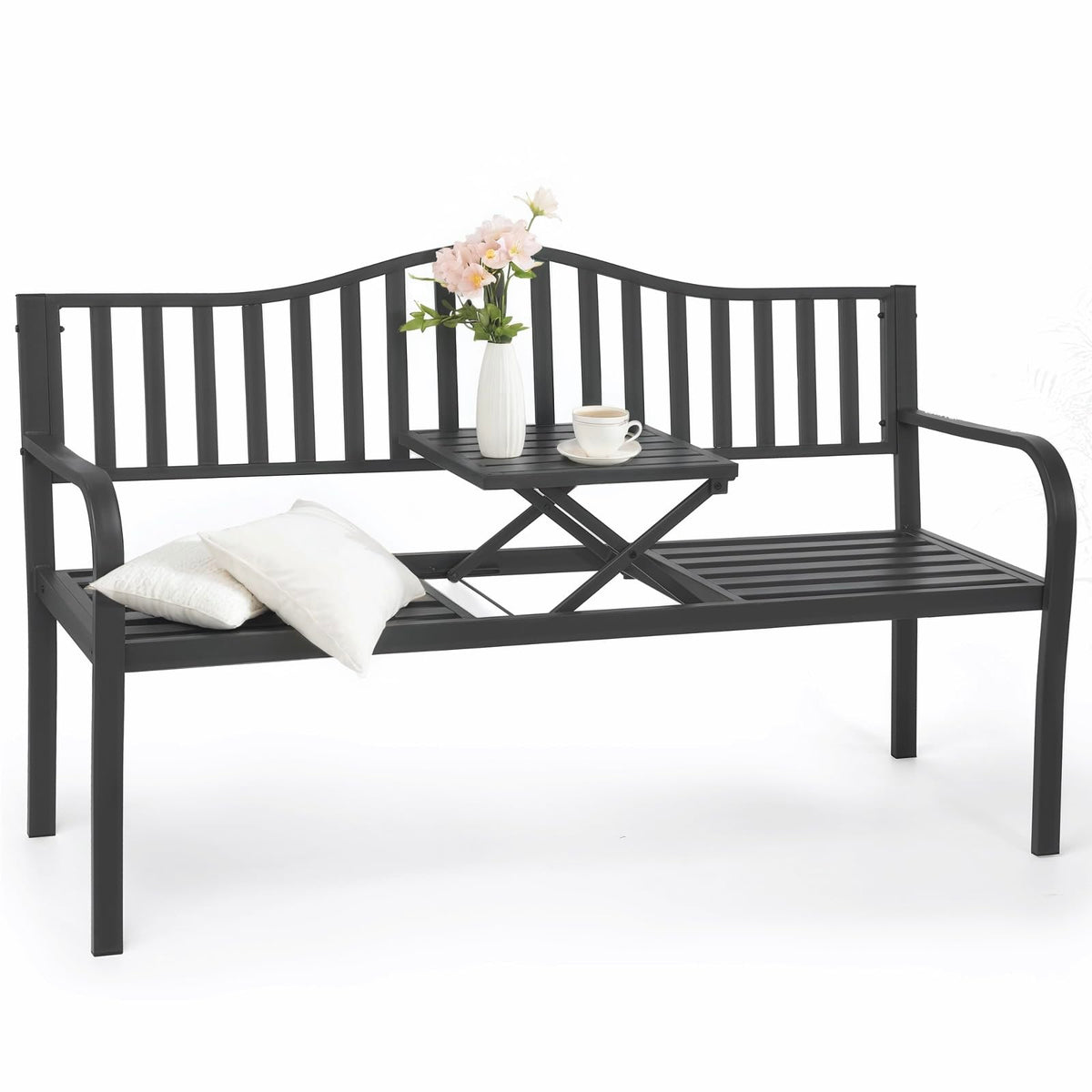 59" Gray Metal Outdoor Bench with Built in Table R59680