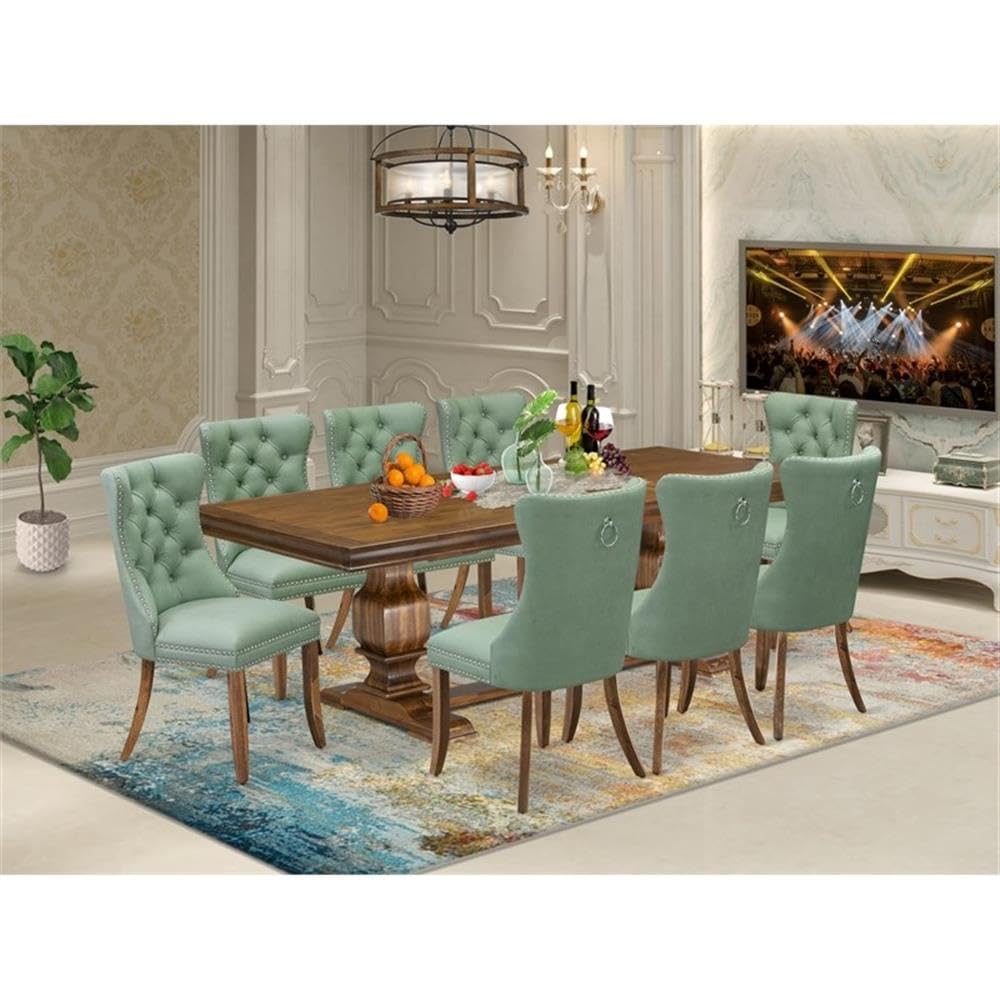 9-Piece Walnut Finish Acacia Wood Dining Room Set with Willow Green Faux Leather Upholstered Chairs X9716