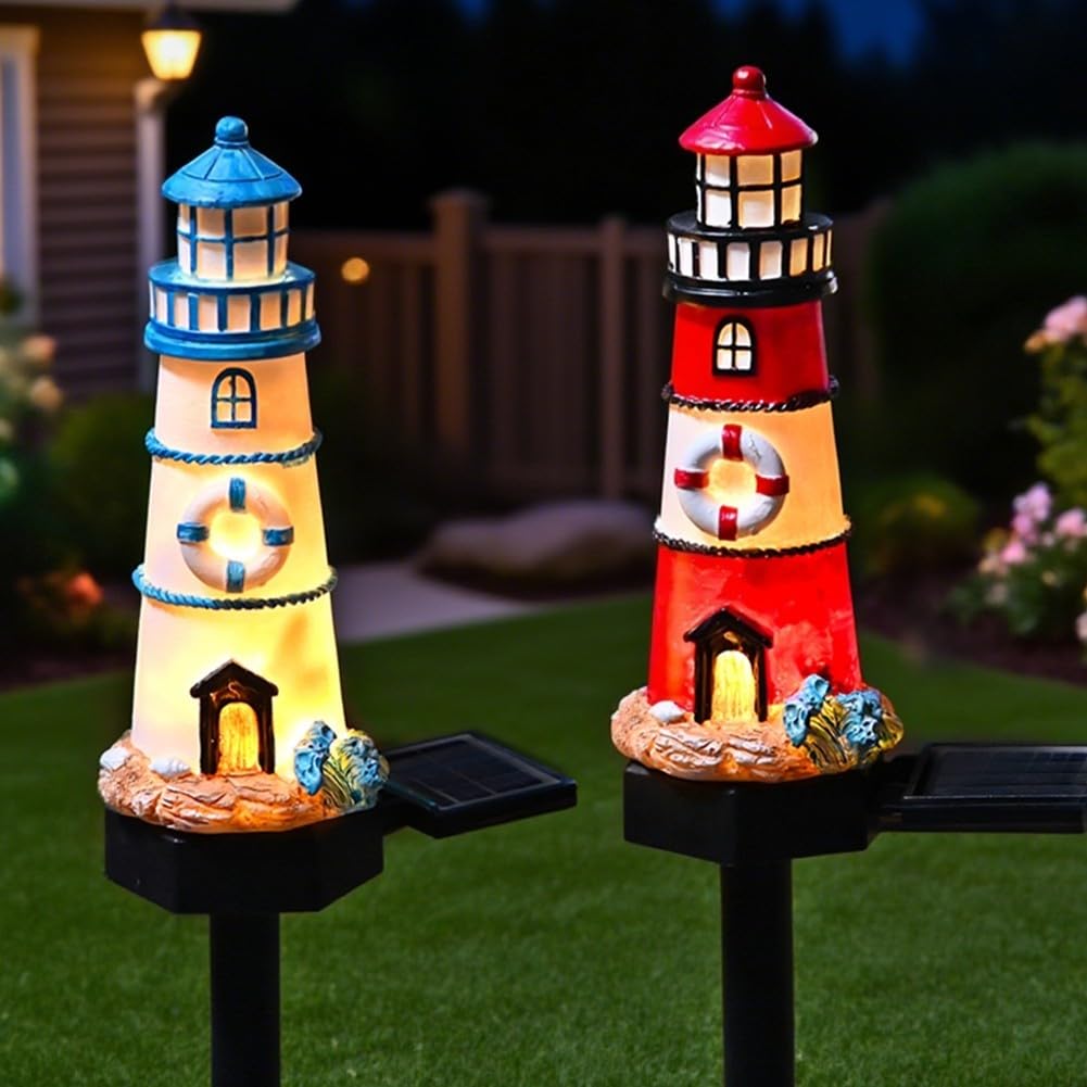 Solar Powered LED Lighthouse Light Outdoor Garden Waterproof Resin Automatic Sensor R22333