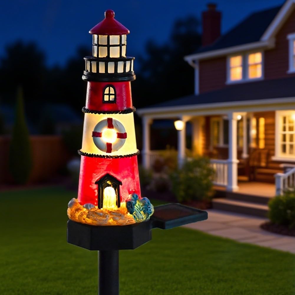Solar Powered LED Lighthouse Light Outdoor Garden Waterproof Resin Automatic Sensor R22333