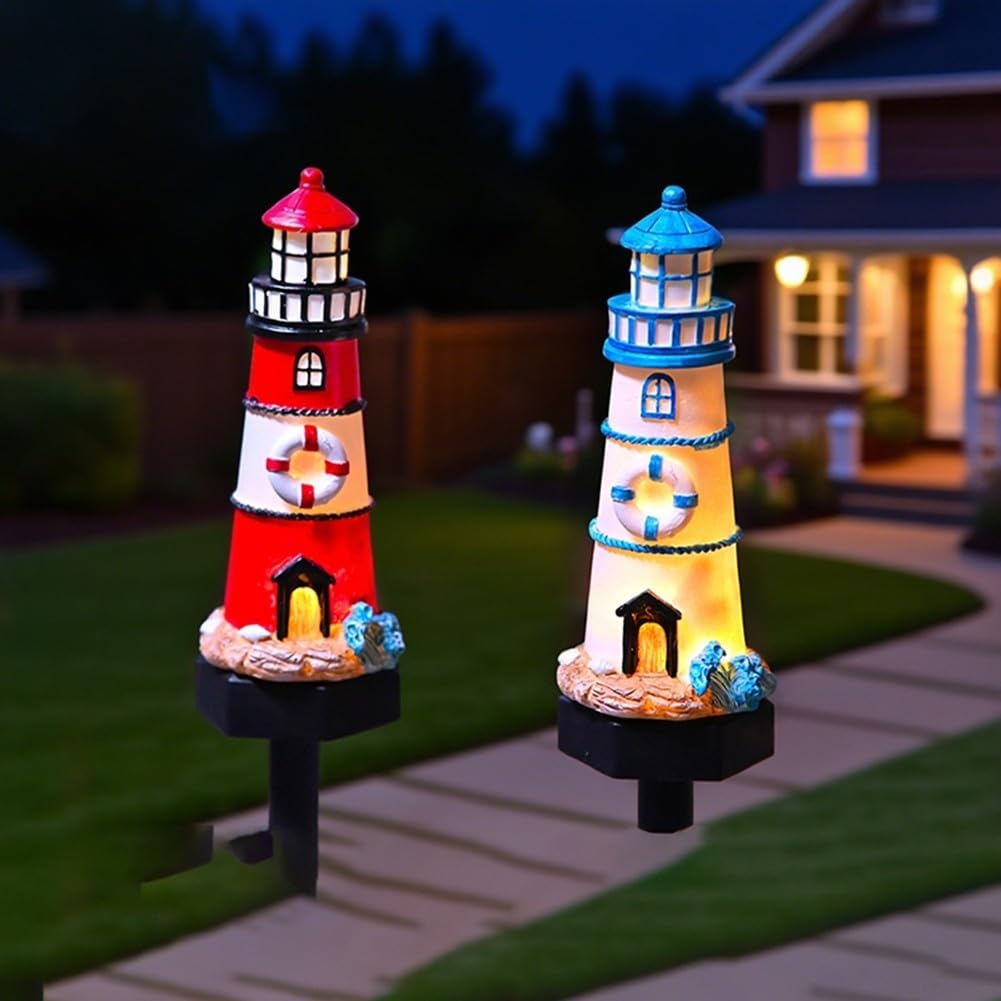 Solar Powered LED Lighthouse Light Outdoor Garden Waterproof Resin Automatic Sensor R22333