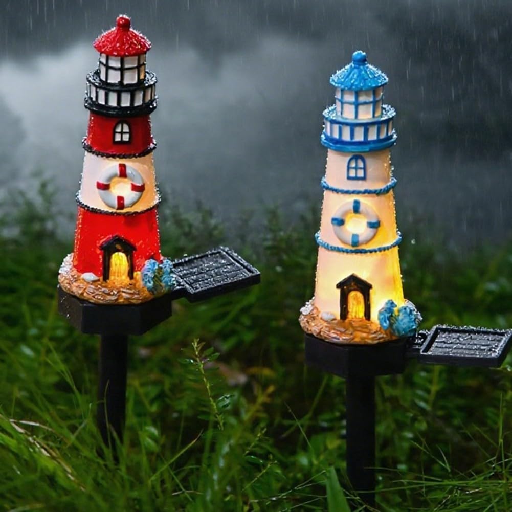 Solar Powered LED Lighthouse Light Outdoor Garden Waterproof Resin Automatic Sensor R22333