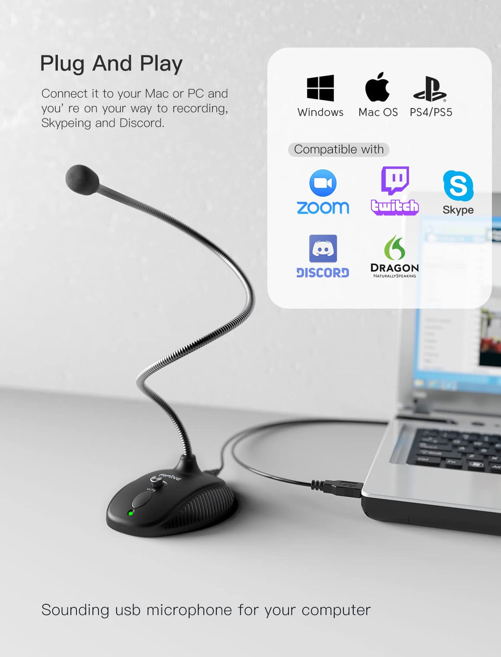 USB Computer Microphone, Plug & Play Desktop Condenser Mic, Mute Button with LED Indicator H28268