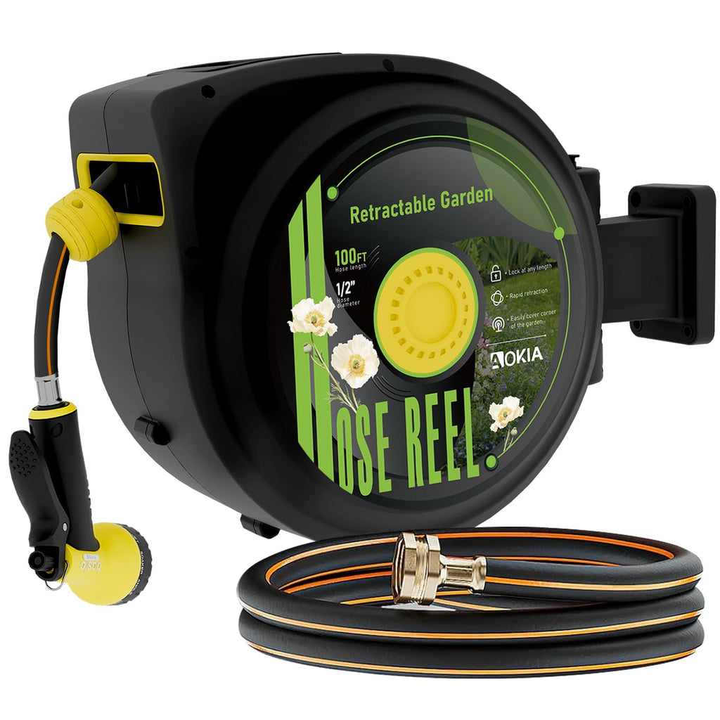 Retractable Garden Hose Reel, 1/2 in x 100 ft Wall Mounted Heavy Duty with 9 Patterns Nozzle U119