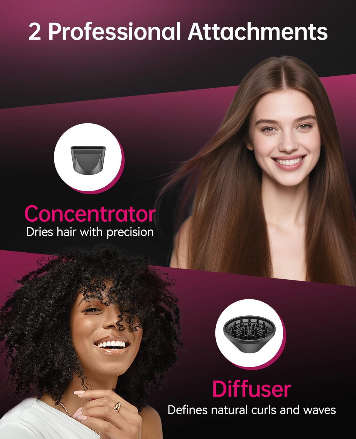 1600W Ionic Hairdryer with Diffuser and Concentrator Nozzle E2446