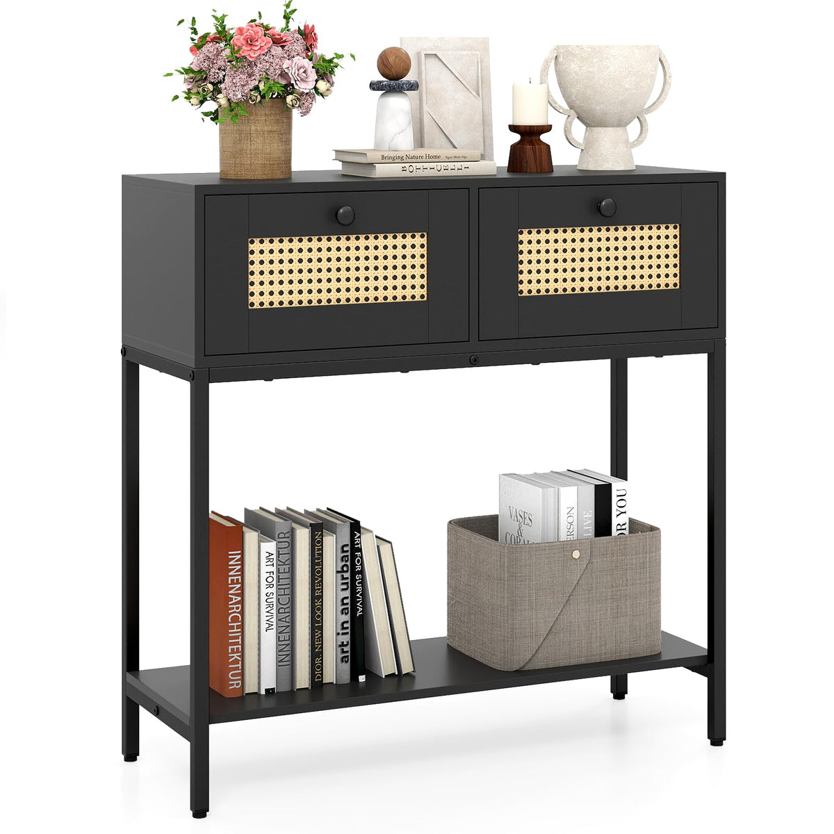 Rattan Console Table with Two Drawers and Open Storage Shelf X89332