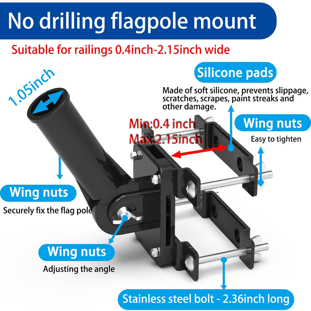 Flagpole Mount for Balcony Railing, Round and Square Railing, Black U2596