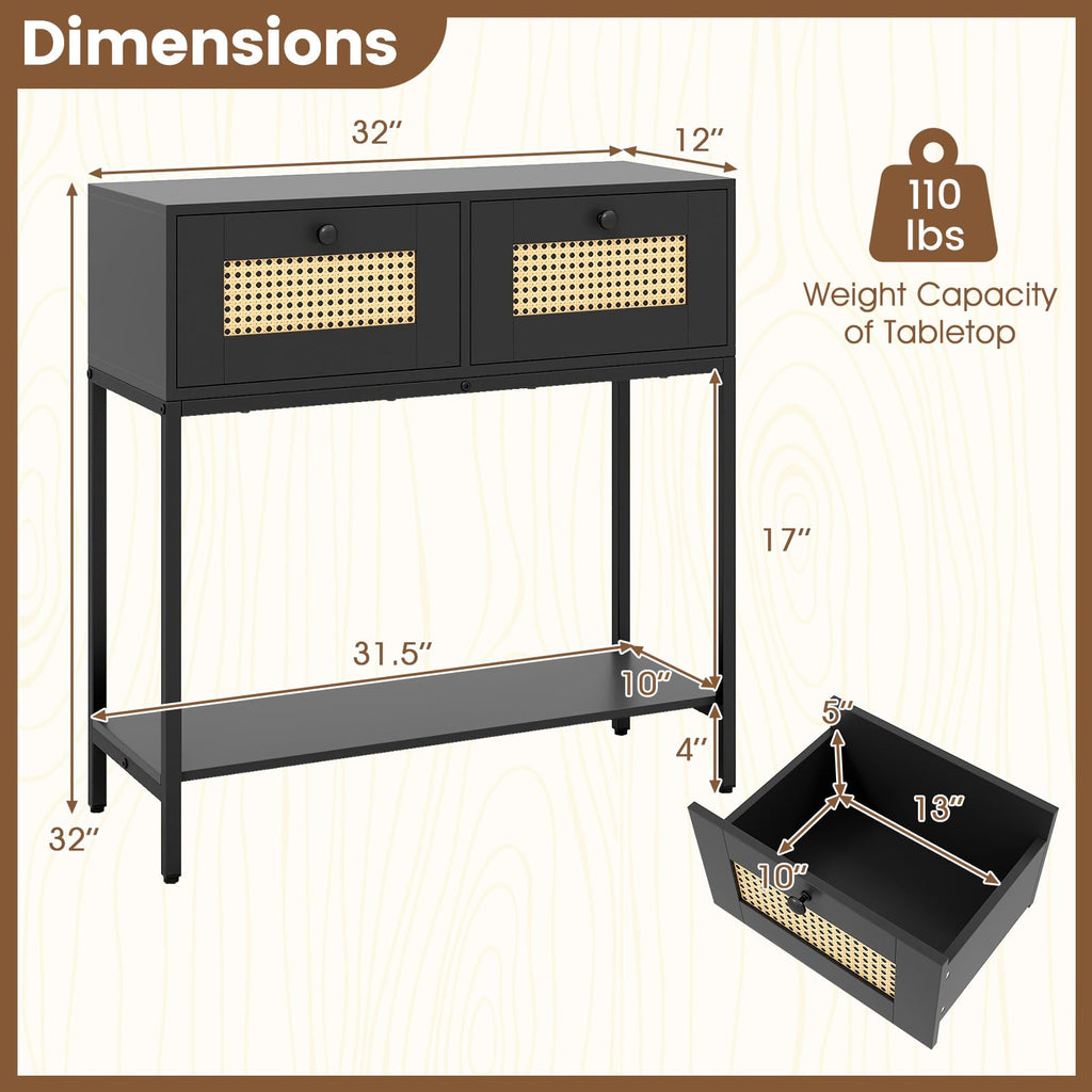 Rattan Console Table with Two Drawers and Open Storage Shelf X89332