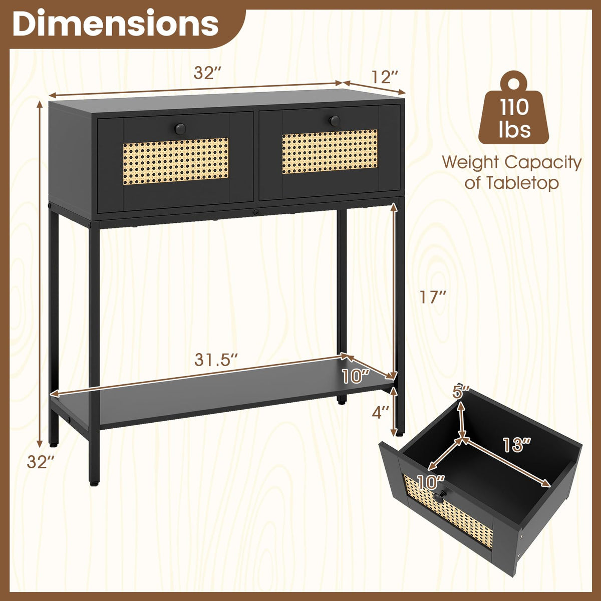 Rattan Console Table with Two Drawers and Open Storage Shelf X89332
