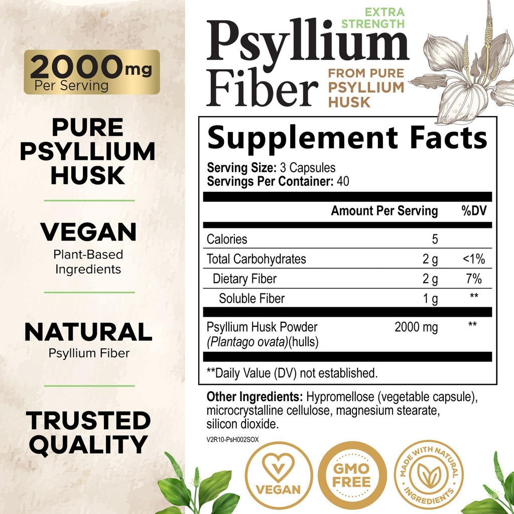 Psyllium Husk Capsules 2000 mg 120 Capsules Q5888