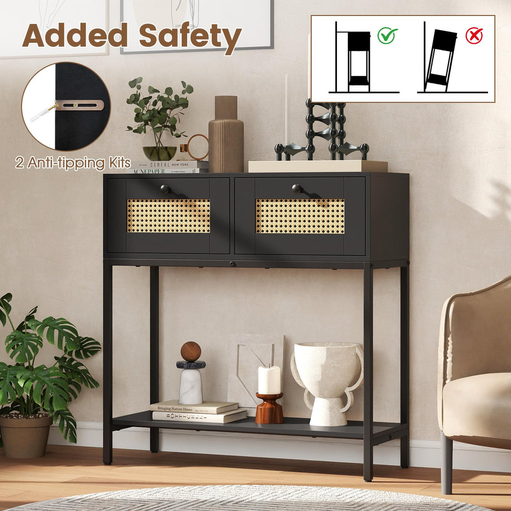 Rattan Console Table with Two Drawers and Open Storage Shelf X89332