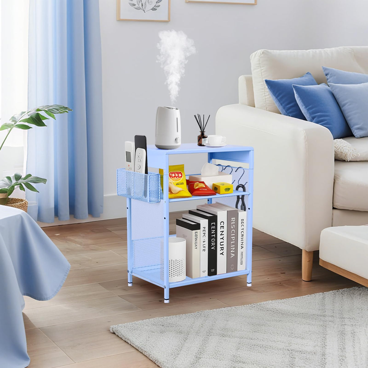 Sky Blue Kids Nightstand with Hooks and Holder W69587