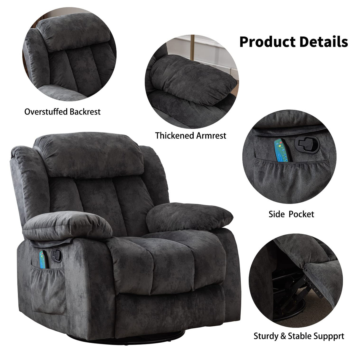 Gray Massage Swivel Rocker Recliner Chair X237