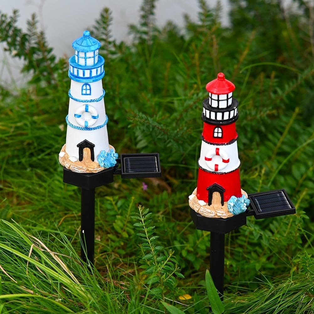 Solar Powered LED Lighthouse Light Outdoor Garden Waterproof Resin Automatic Sensor R22333