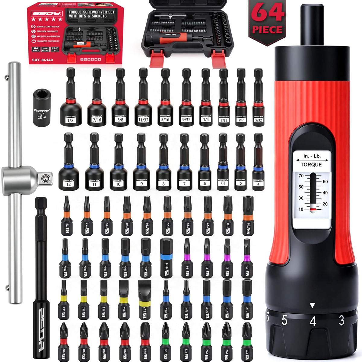 64-Piece Torque Screwdriver Set, 10-70 in-lb, 1/4" Drive E31054