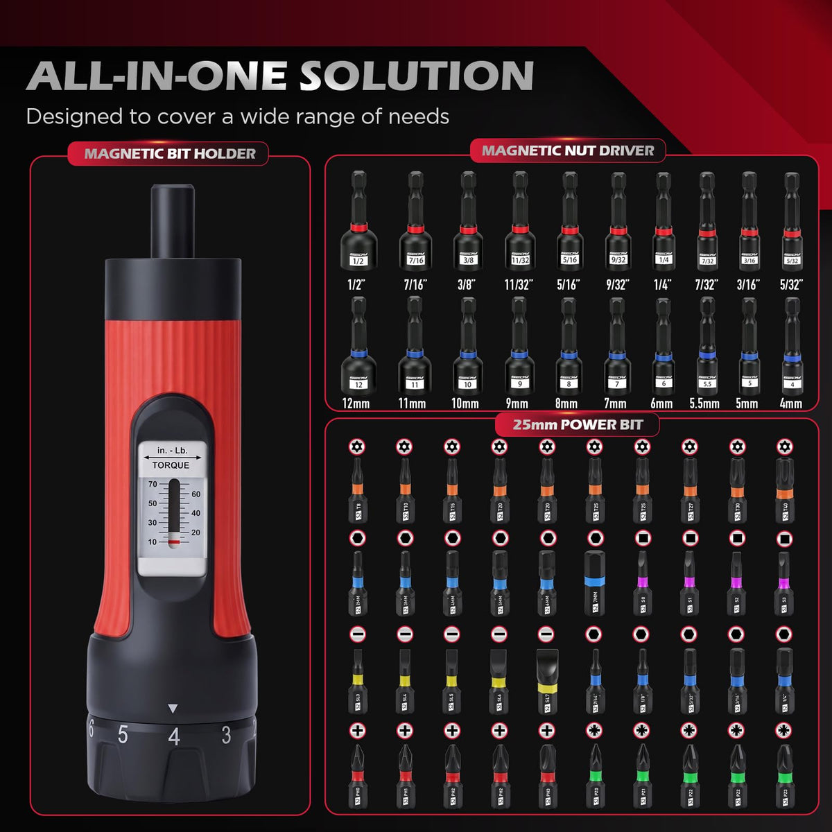 64-Piece Torque Screwdriver Set, 10-70 in-lb, 1/4" Drive E31054