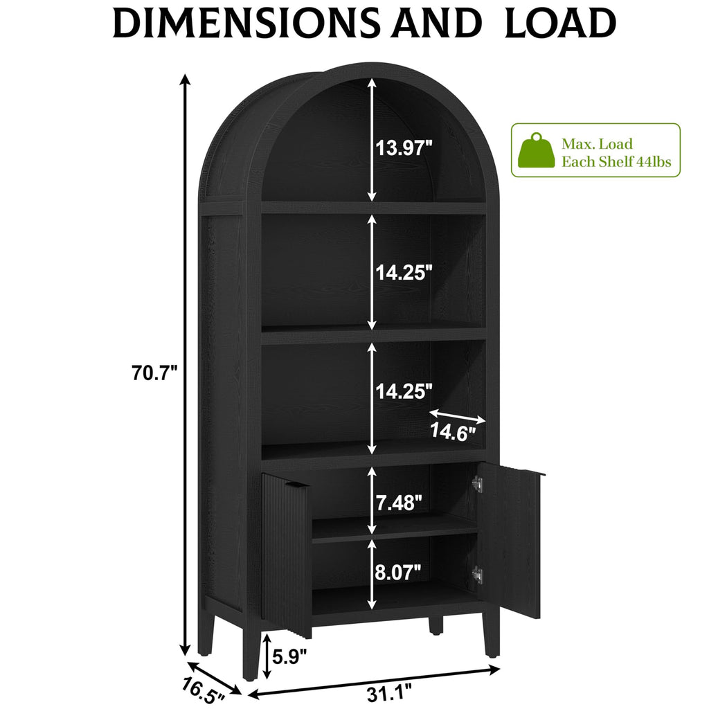 Black 5-Tier Arched Bookshelf with Fluted Doors O2142