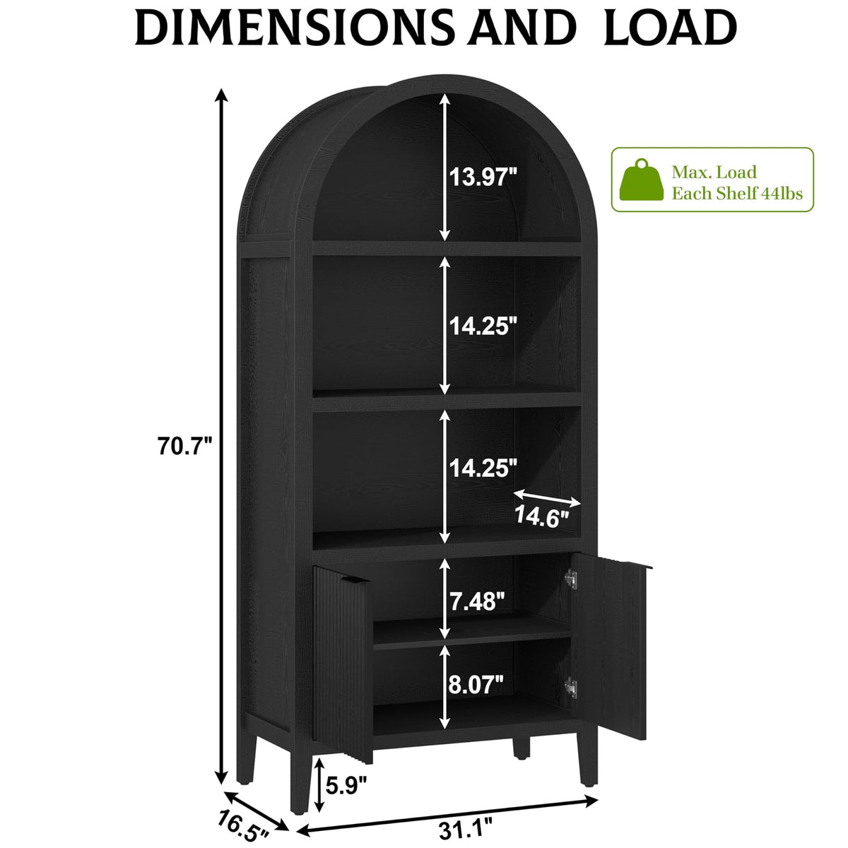 Black 5-Tier Arched Bookshelf with Fluted Doors O2142