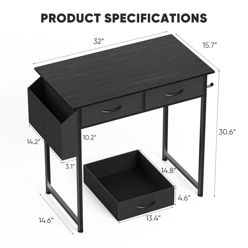32" Black Computer Desk with Drawers N850