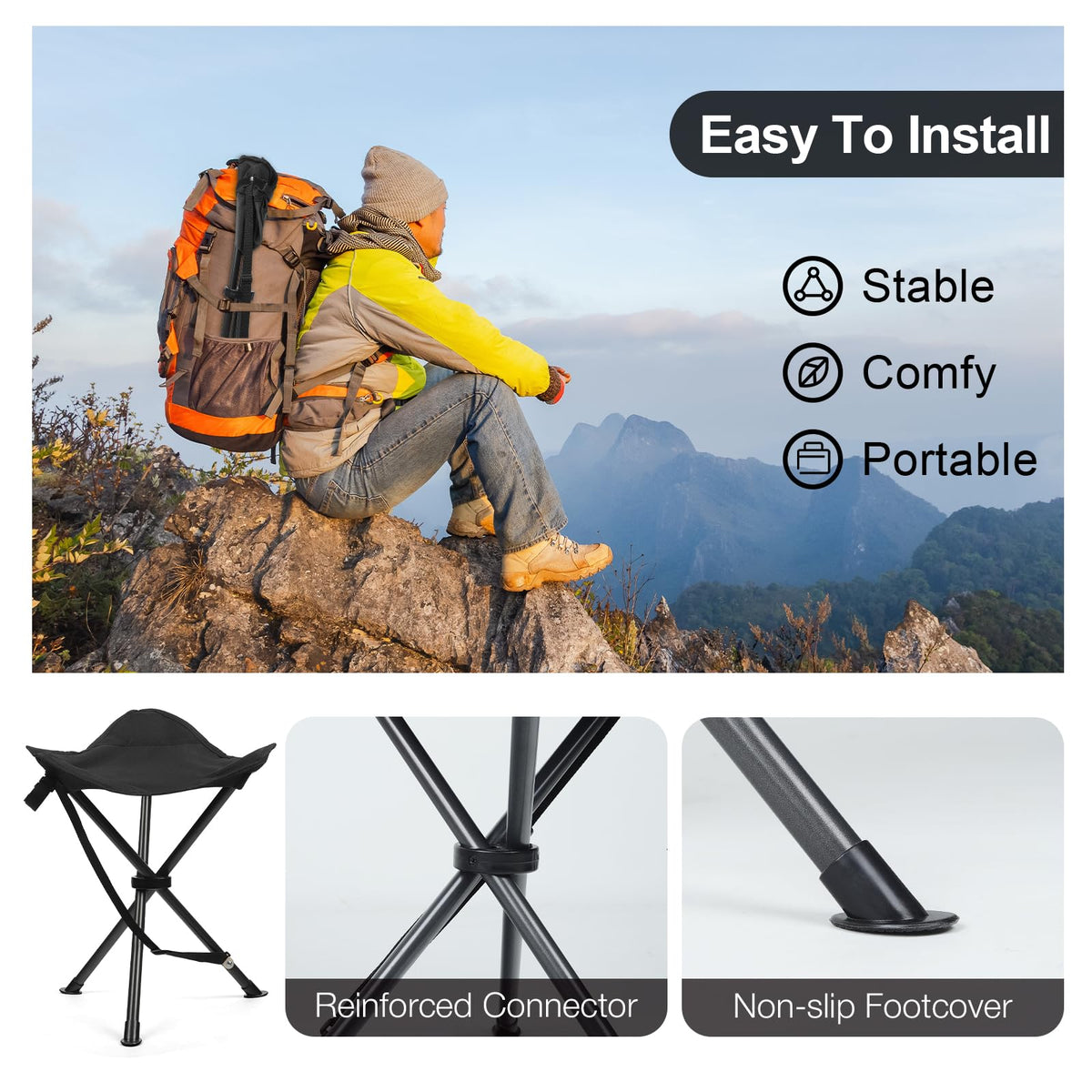 18" Black 3 Legs Folding Tripod Stool W312