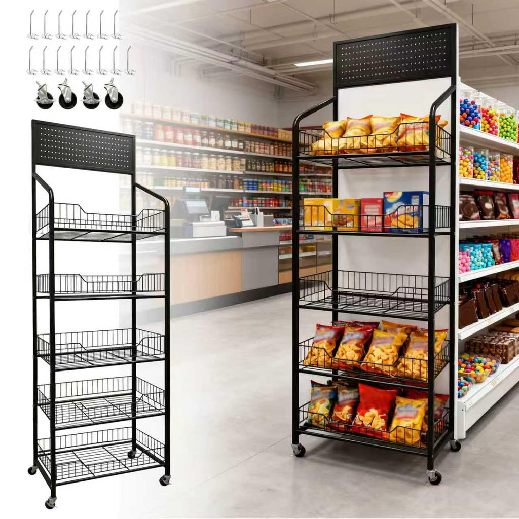 5 Tier Metal Candy Display Rack with Wheels & 15 Hooks U76490