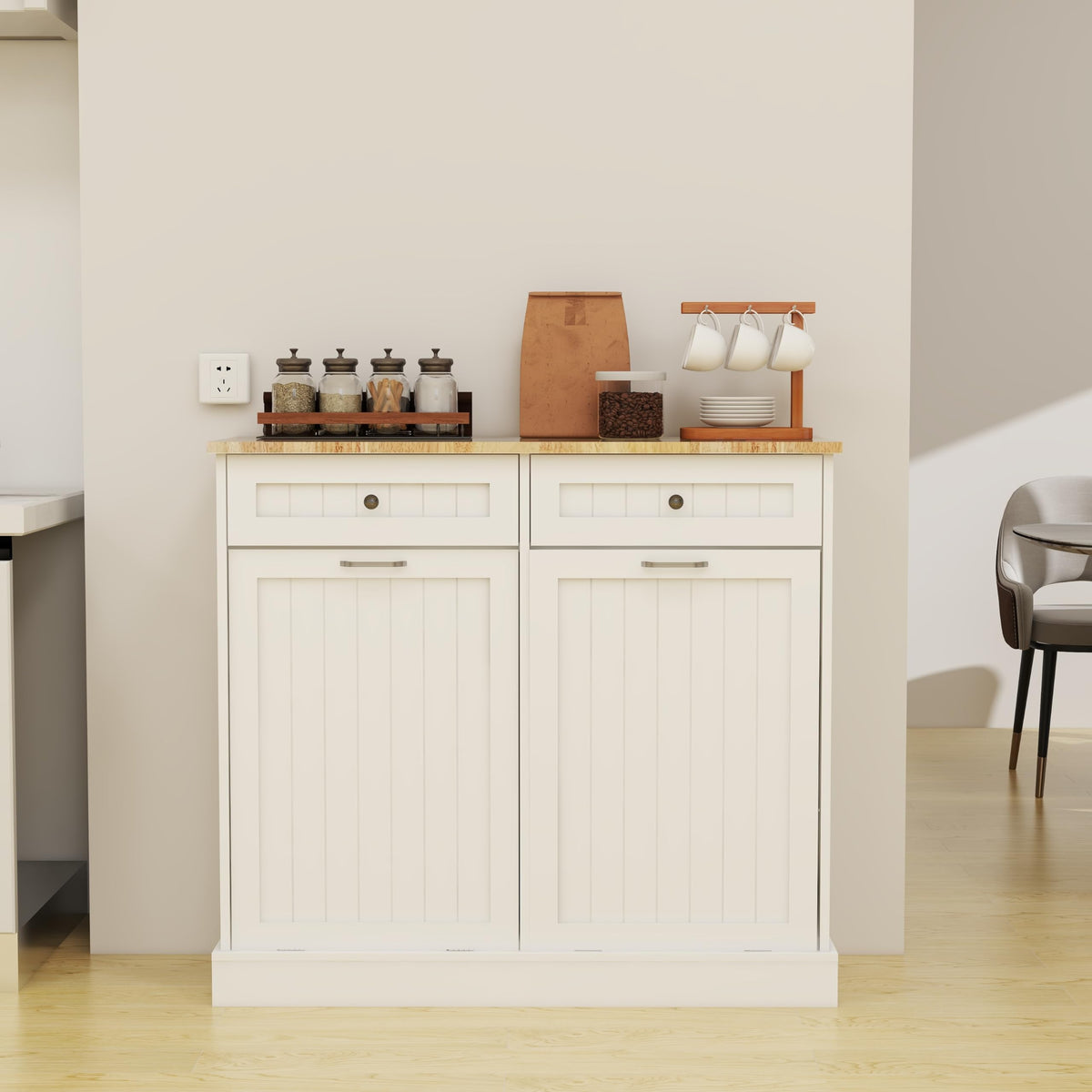 White Double Tilt Out Trash Cabinet with Drawers T409