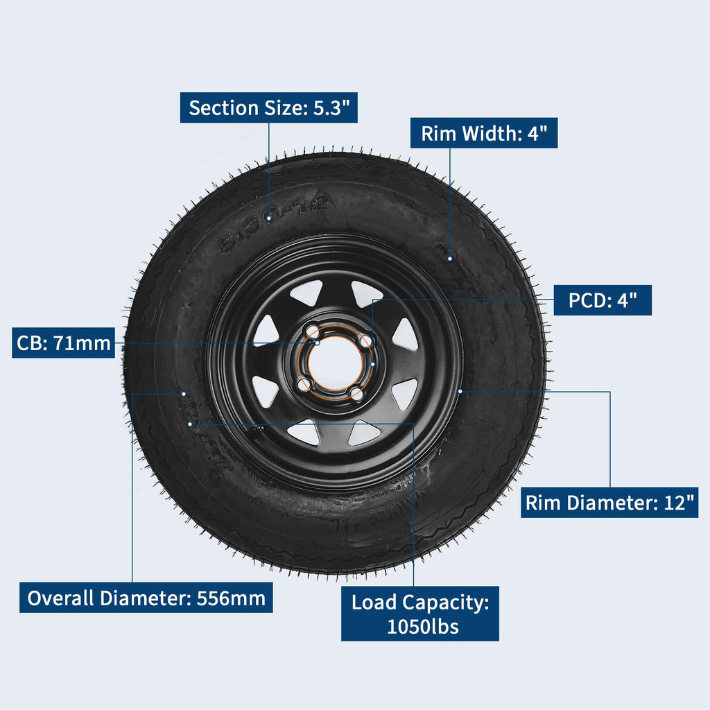 2-Pack Trailer Tire On Rim 5.30-12 4 Lug 12 in Wheels Load Range C Black R80395