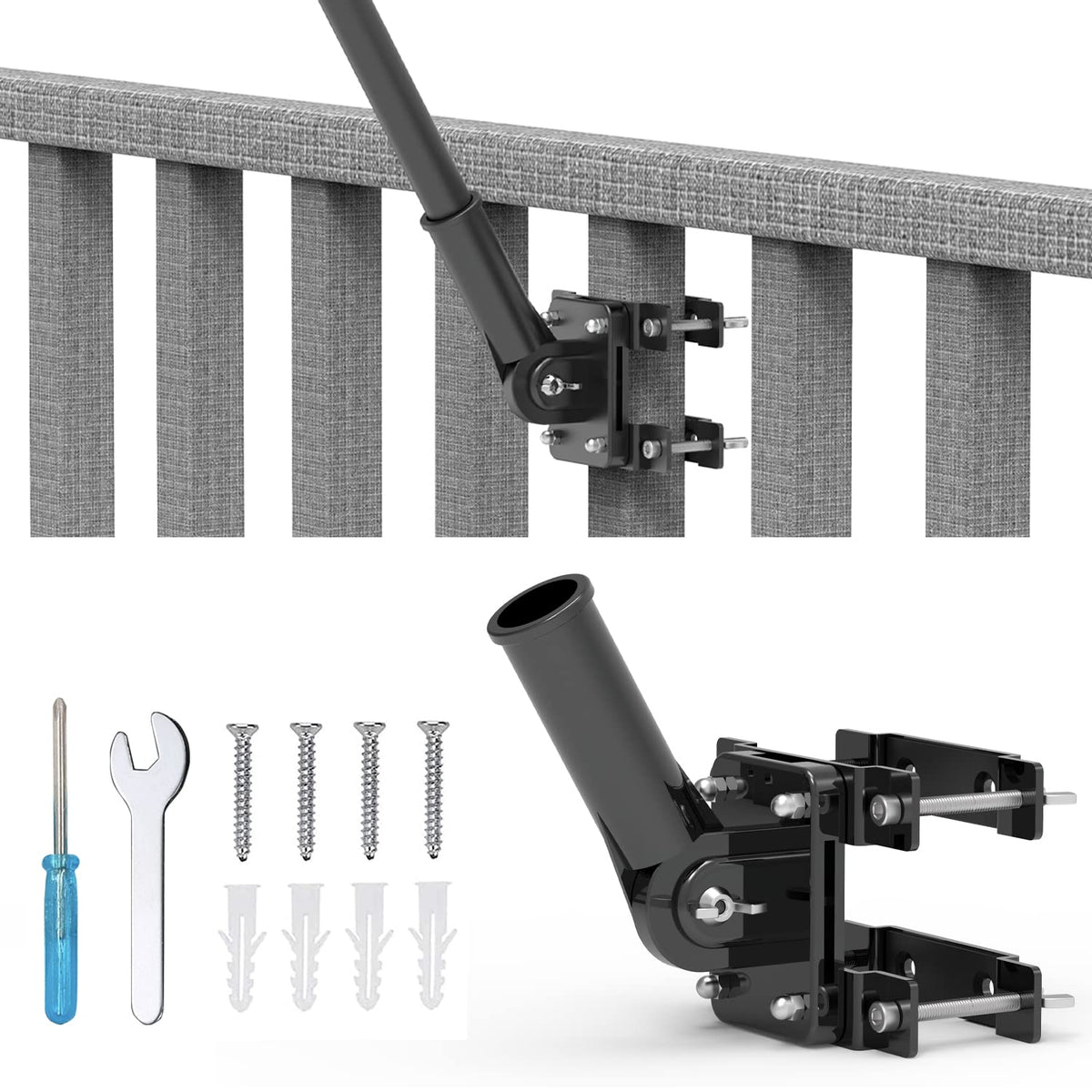 Flagpole Mount for Balcony Railing, Round and Square Railing, Black U2596