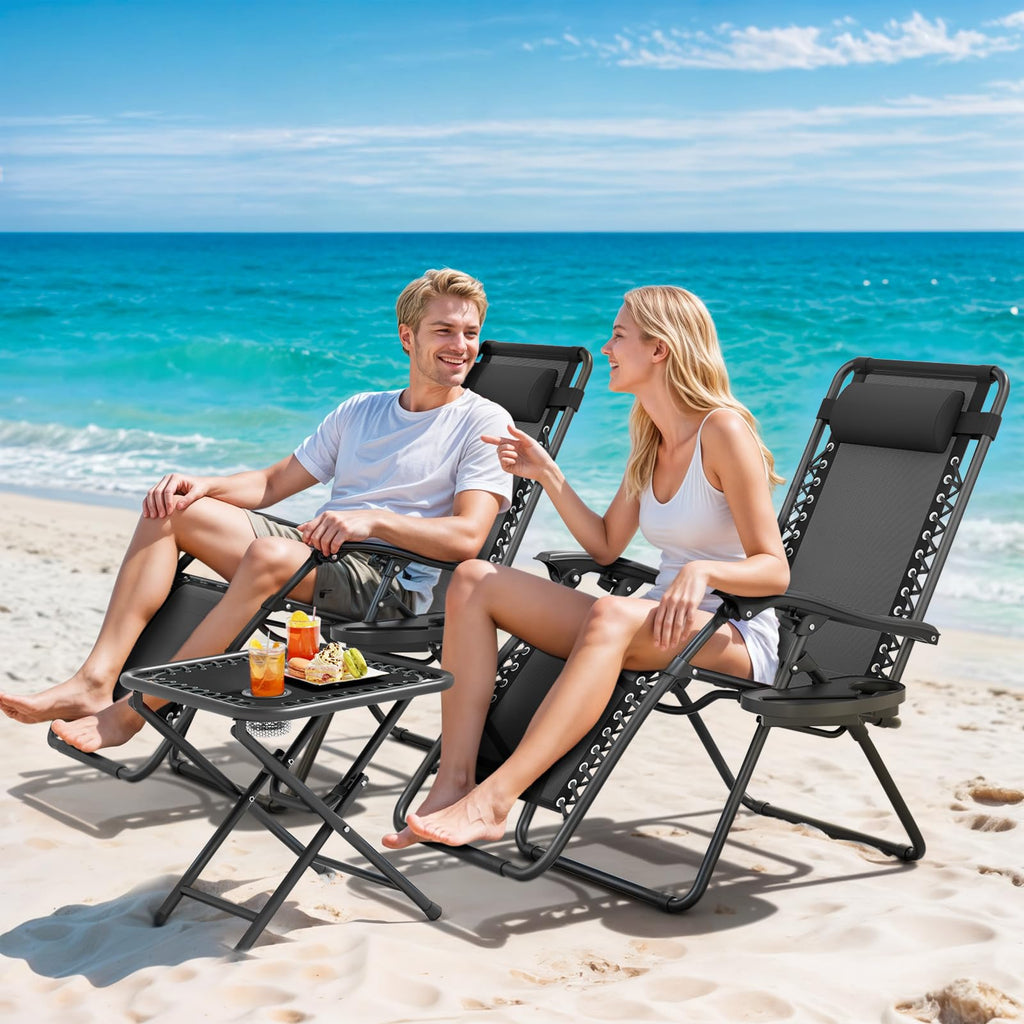 Black Set of 2 Folding Zero Gravity Chairs with Side Table X143885