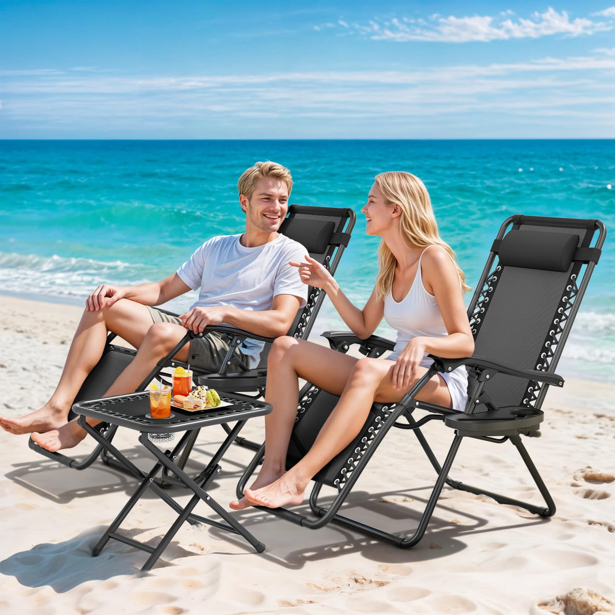 Black Set of 2 Folding Zero Gravity Chairs with Side Table X143885