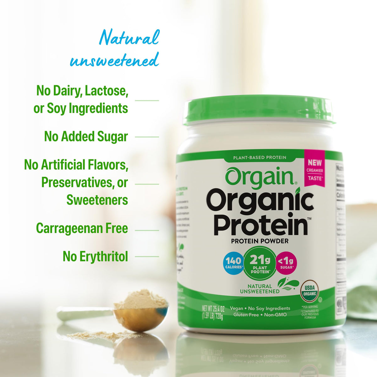 Organic Vegan Protein Powder, Natural Unsweetened, 1.59 lb A48131