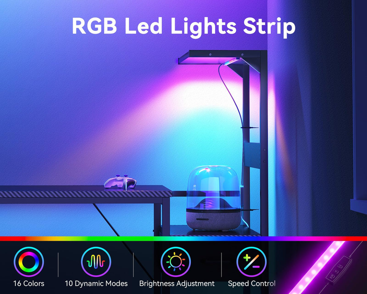 48'' Black Gaming Desk with LED Lights & CPU Stand Q8201