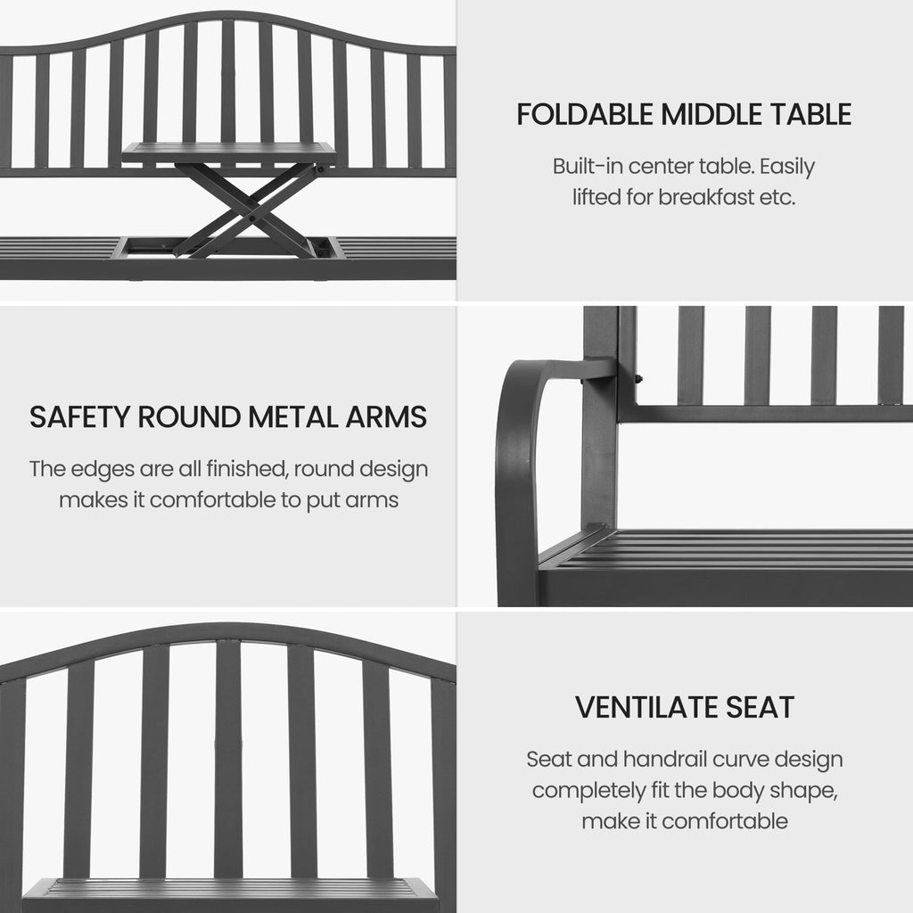 59" Gray Metal Outdoor Bench with Built in Table R59680