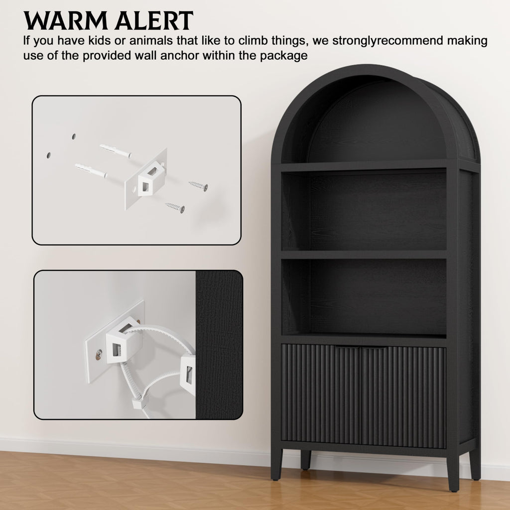 Black 5-Tier Arched Bookshelf with Fluted Doors O2142