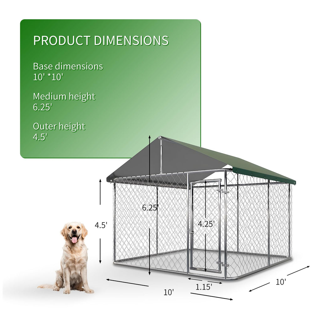 Large Outdoor Dog Kennel with Roof, Heavy Duty Galvanized Steel, 10'x10' Lockable P148