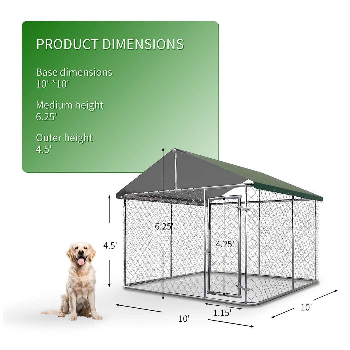 Large Outdoor Dog Kennel with Roof, Heavy Duty Galvanized Steel, 10'x10' Lockable P148