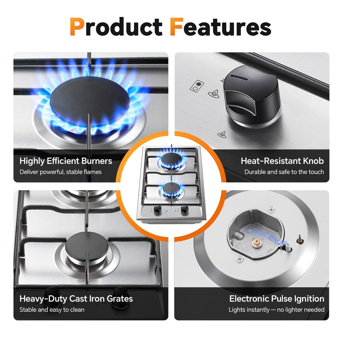 12 Inch 2 Burner Stainless Steel Gas Cooktop A22190