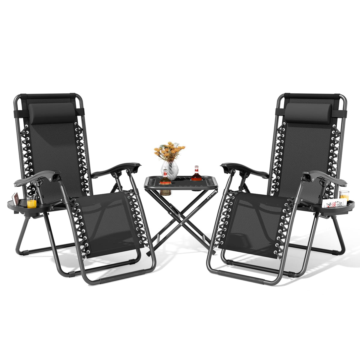 Black Set of 2 Folding Zero Gravity Chairs with Side Table X143885