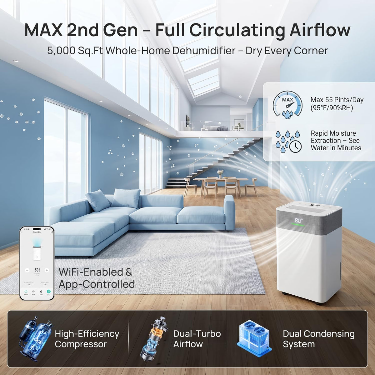 5000Sq.Ft Dehumidifier with Drain Hose V993