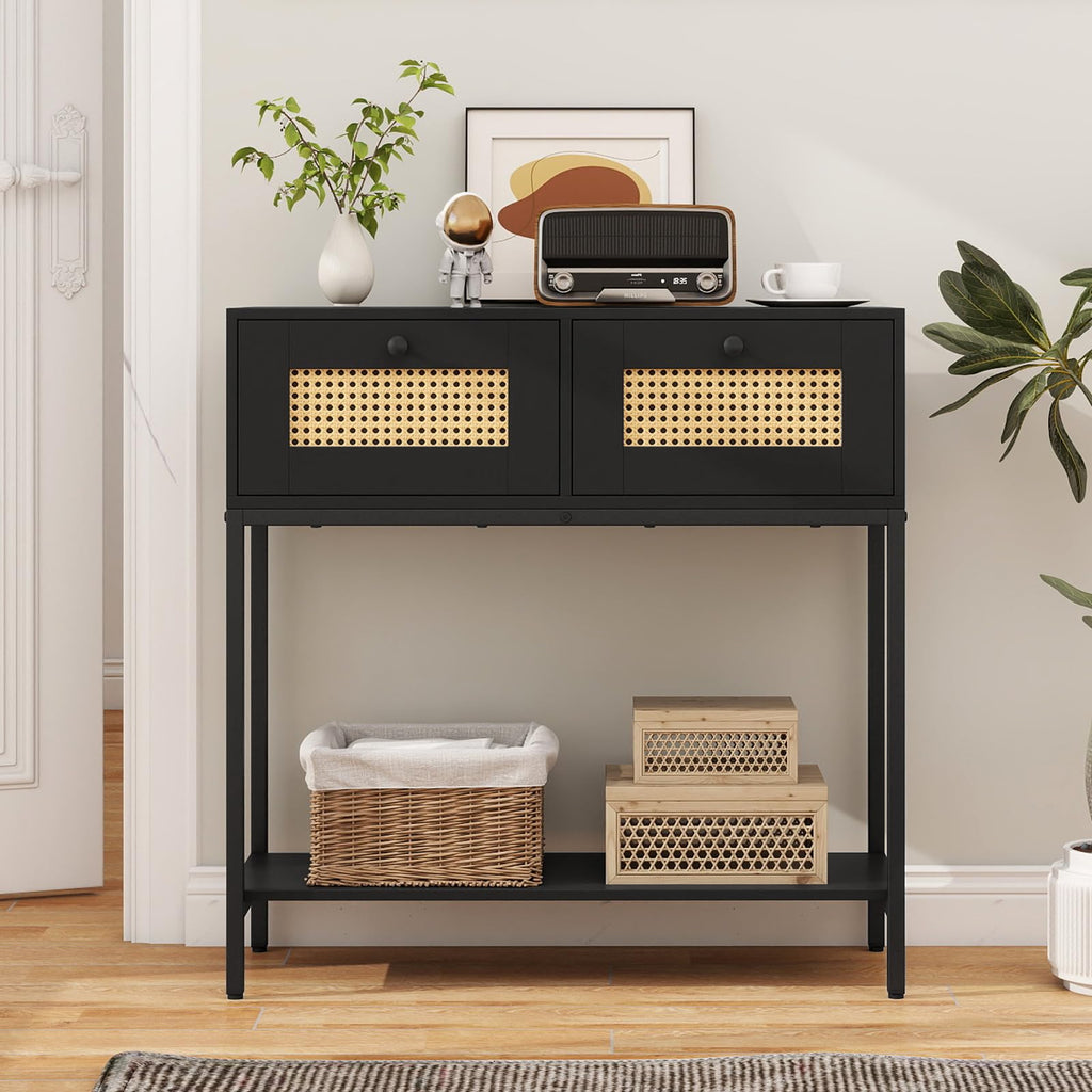 Rattan Console Table with Two Drawers and Open Storage Shelf X89332
