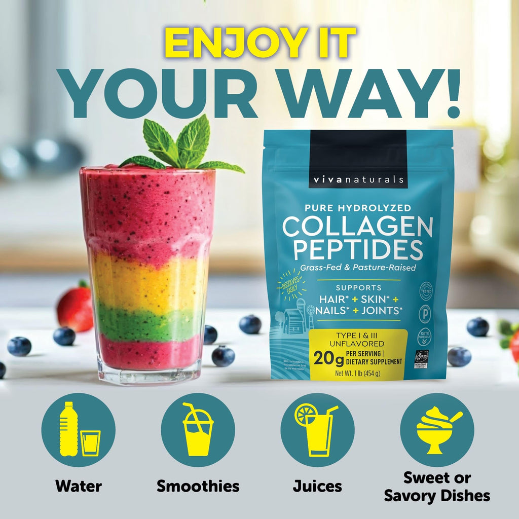 Collagen Peptides Powder - Grass-Fed Hydrolyzed Bovine, Type I & III - 19 g Protein, Unflavored - 1lb X378265