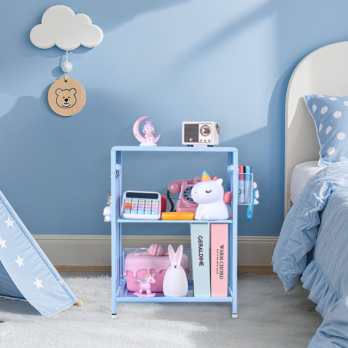 Sky Blue Kids Nightstand with Hooks and Holder W69587