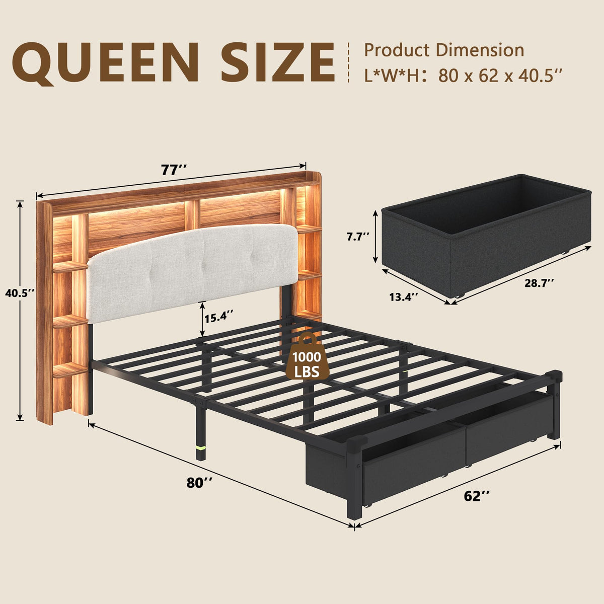 Queen Size Storage Bed Frame with Upholstered Headboard D9414