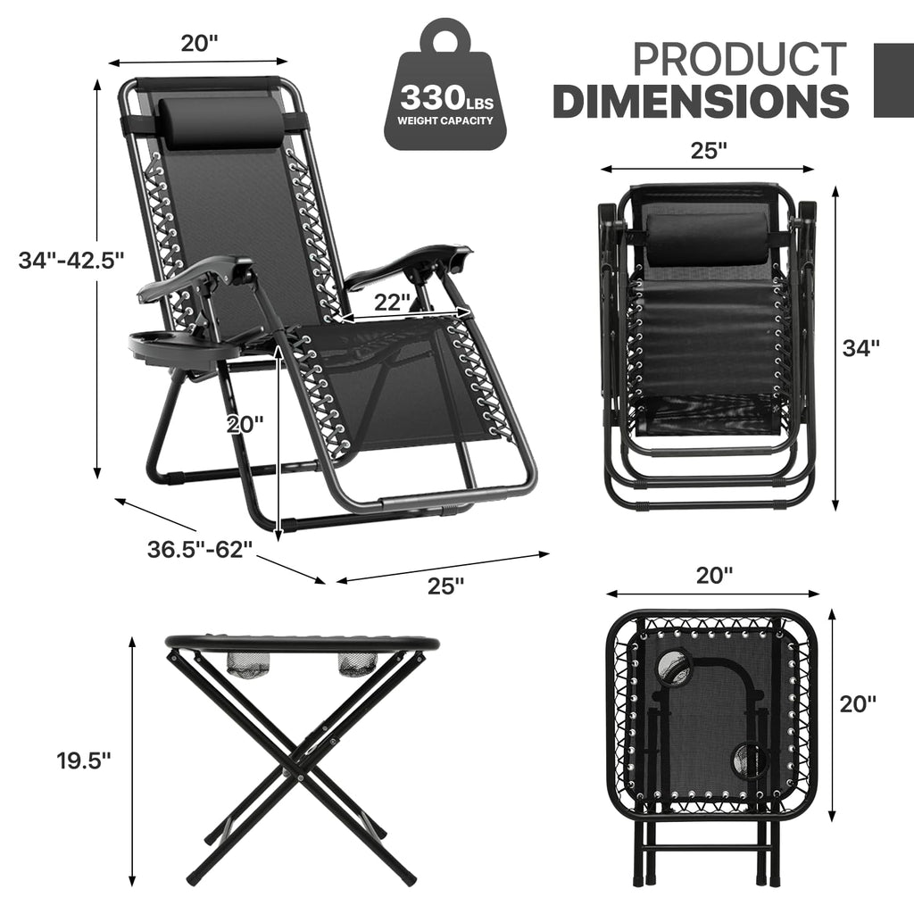 Black Set of 2 Folding Zero Gravity Chairs with Side Table X143885